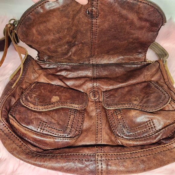 Lucky Brand Stash Brown Lamb Distressed Leather Fold Over Shoulder Hobo Bag - Picture 2 of 11